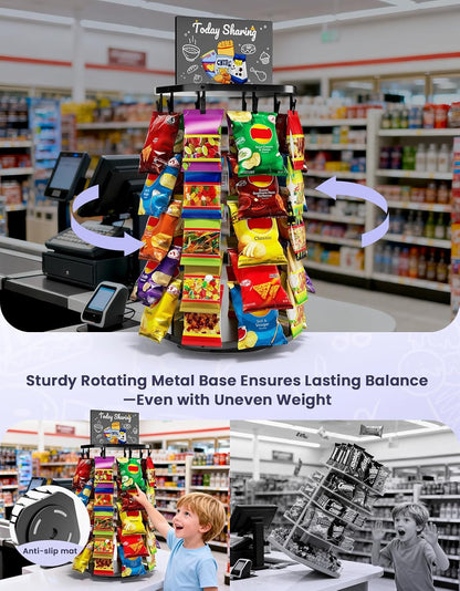 Chip Rack Display Stand with Heavy-Duty 360° Smooth-Rotating Metal Base, 5 Tiers 40 Clips Chip Bag Holder Display, Candy Stand, Snack Organizer for Countertop, Party, Store Concession Stand