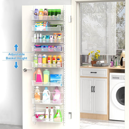 VyGrow 12.3" W Narrow Over the Door Pantry Organizer, 6-Tier Over the Door Organizer with Adjustable Basket, Pantry Door Organization for Pantry Kitchen Storage Room Spice Rack, White