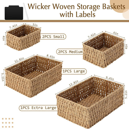 Marsui 6 Pcs Wicker Storage Baskets with Labels Handwoven Multi-size Brown Wicker Storage Bins for Organizing Small Baskets Container for Shelves Closet Pantry Toilet(Brown )