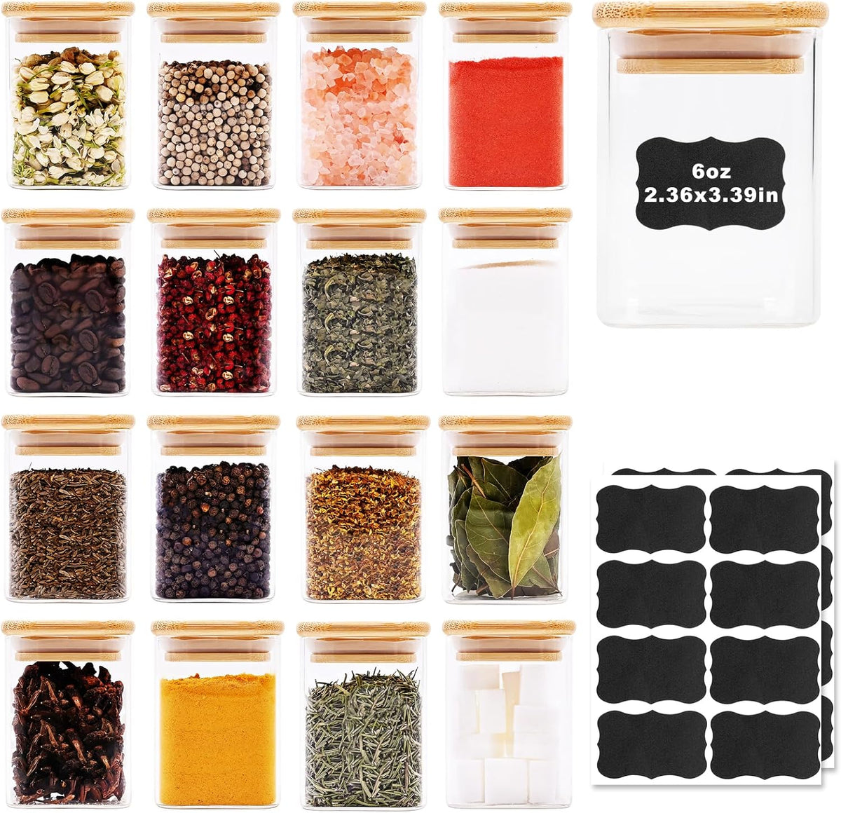 SHOWIN Glass Food Storage Jars Square 37oz, 4 Pack Glass Jars With Bamboo Lids, Kitchen Storage Containers For Spice, Candy, Cookie, Storage For Pantry Organizers