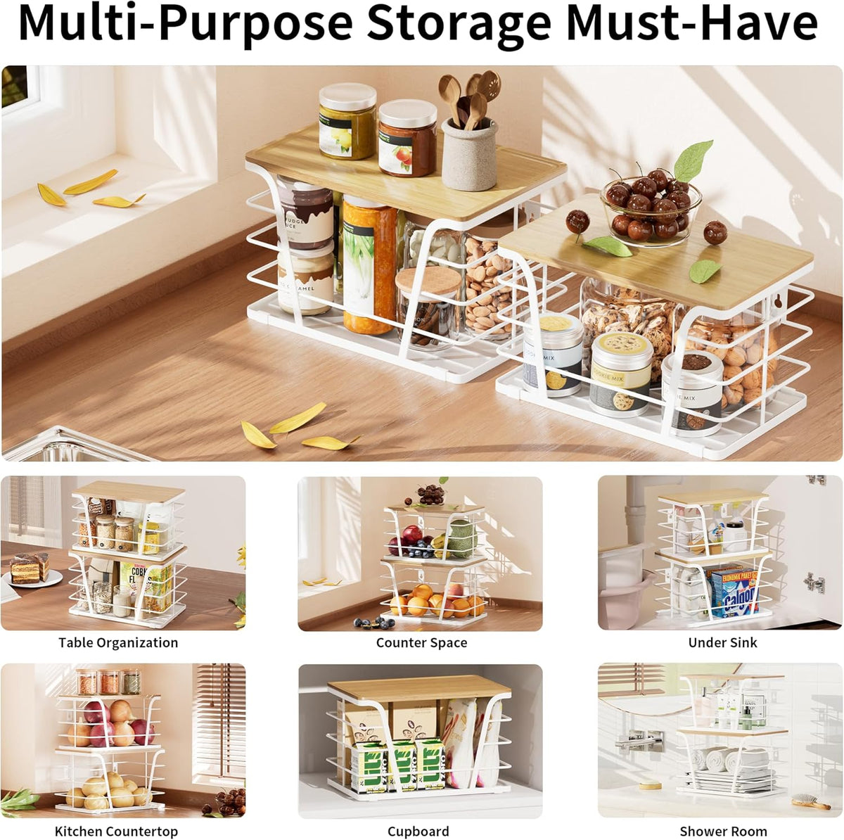 2 Pack Potato and Onion Storage Bins, Stackable Kitchen and Pantry Organizer with Bamboo Top & Lightweight PP Mat, for Vegetables, Fruit, Onion, Potato, Garlic - Pantry, Kitchen Storage Bins (Black)