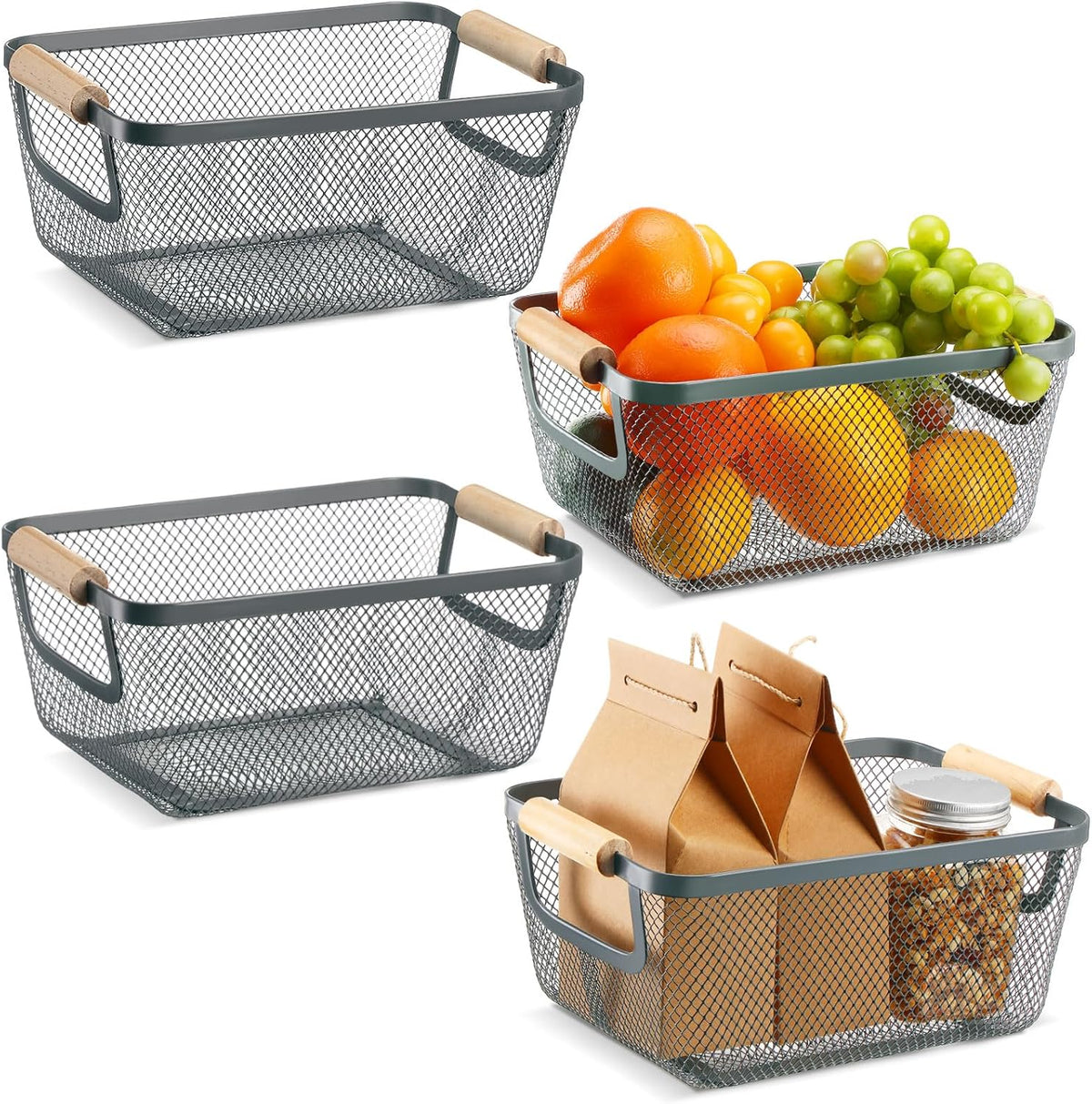 Ziliny 4 Pcs Metal Mesh Wire Baskets with Wooden Handles for Organizing, Pantry Organizers and Storage Steel Bin Kitchen Baskets for Fruit Potato Onion Snacks Bathroom Cabinet(Small,Black)