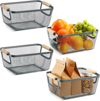 Ziliny 4 Pcs Metal Mesh Wire Baskets with Wooden Handles for Organizing, Pantry Organizers and Storage Steel Bin Kitchen Baskets for Fruit Potato Onion Snacks Bathroom Cabinet(Small,Black)