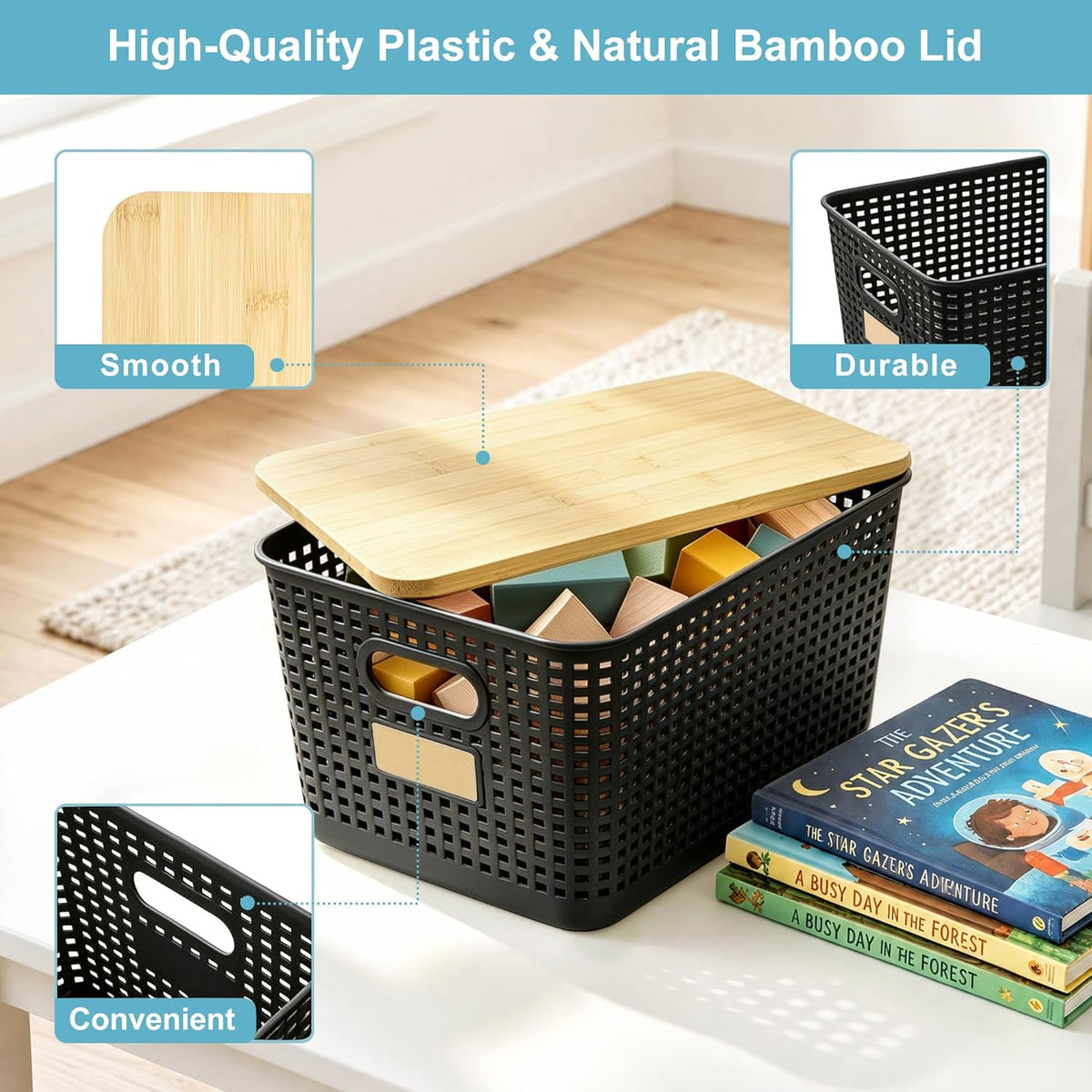 Bagnizer Small Plastic Storage Bins with Bamboo Lids 5.2qt Stackable Box Basket Pantry Decorative Containers Cute with Labels for Organizing Desktop Closet Office Cream White of 10*7.2*4.1"
