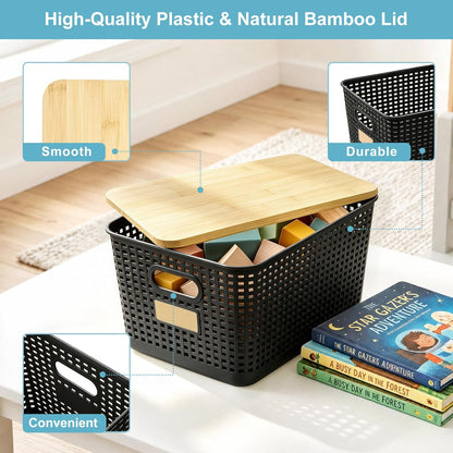 Bagnizer Small Plastic Storage Bins with Bamboo Lids 5.2qt Stackable Box Basket Pantry Decorative Containers Cute with Labels for Organizing Desktop Closet Office Cream White of 10*7.2*4.1"