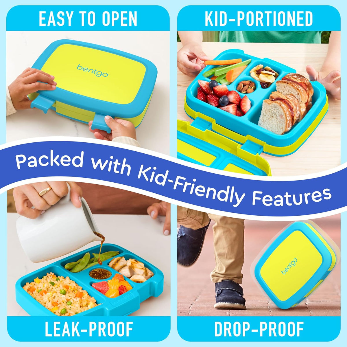Bentgo Kids Bento-Style 5-Compartment Leak-Proof Lunch Box - Ideal Portion Sizes for Ages 3 to 7 - Durable, Drop-Proof, Dishwasher Safe, PFAS & BPA-Free & Made with Food-Safe Materials (Blue)