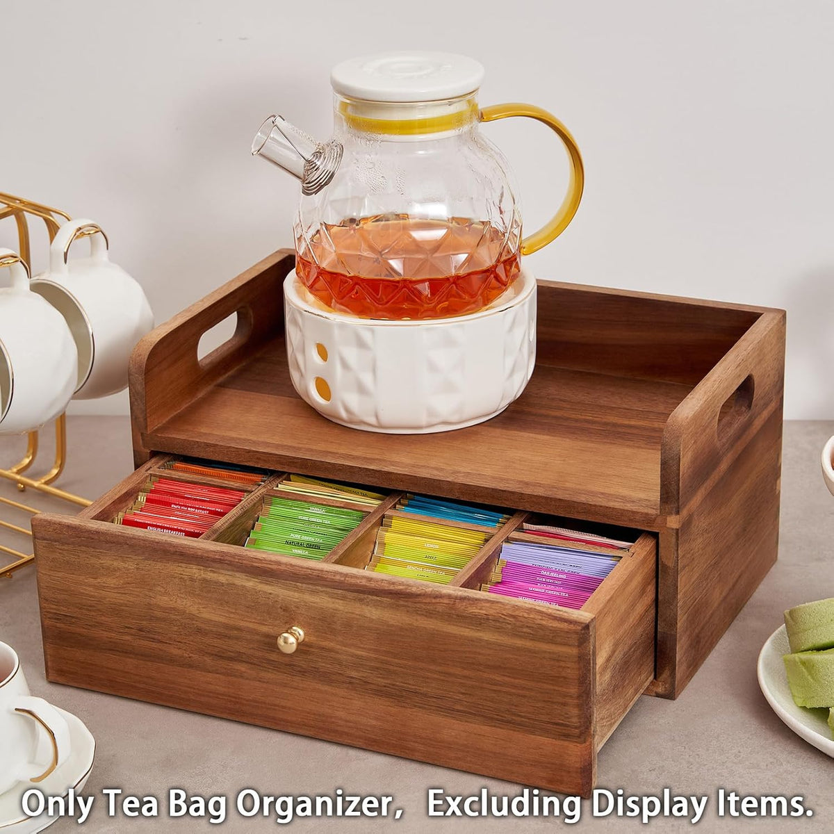 SARUFO Acacia Wood Tea Bag Organizers, Tea Packet Storage Boxes, 8-Compartment Tea Caddy for Tea Bags Chest, Teabag Holder Containers, Teabox Station Display