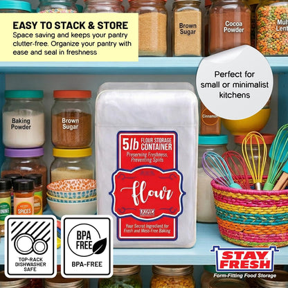 Stay Fresh Clear Storage Container - BPA Free Plastic Canister for Kitchen Pantry, Baking Needs - Holds 5LB Bag - Large Form-Fitting Food Keeper Bin - Food Holder (Flour)