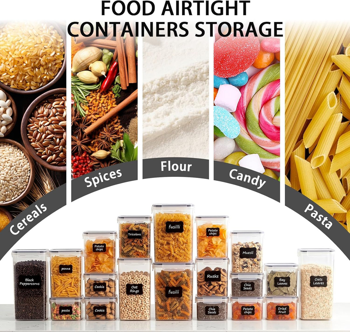 Airtight Food Storage Containers with Lids, BPA Free Clear Plastic Kitchen and Pantry Organization and Storage Set for Flour, Sugar, Cereal, Pasta, Includes 7 Labels and Marker