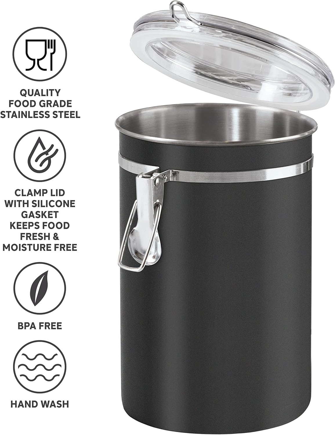 Oggi Stainless Steel Kitchen Canister 152 fl oz - Airtight Clamp Lid, Clear See-Thru Top - Ideal for Kitchen Storage, Food Storage, Pantry Storage. Jumbo Size 8" x 8".