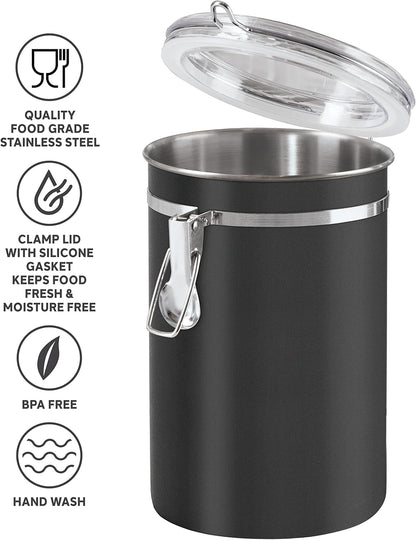 Oggi Stainless Steel Kitchen Canister 152 fl oz - Airtight Clamp Lid, Clear See-Thru Top - Ideal for Kitchen Storage, Food Storage, Pantry Storage. Jumbo Size 8" x 8".