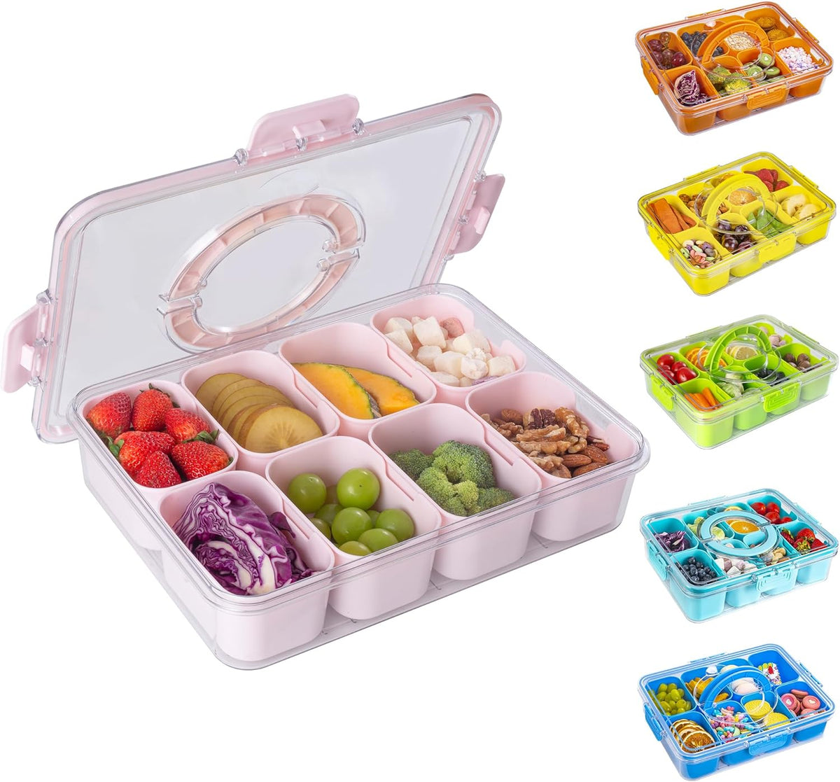 WACOI Divided Snack Serving Tray with Lid and Handle travel Snackle Box Charcuterie Container Portable Storage Organizer for Candy, Fruits, Nuts, Snacks 1Pack White