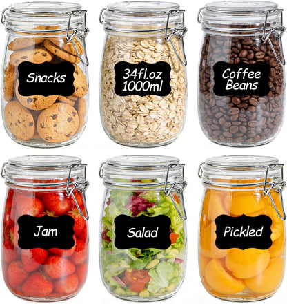 34oz 6 Pack Glass Jars with Airtight Lids - Round Food Storage Canisters for Pantry Organization, Ideal for Sugar, Cookies, Candy, Coffee, Nuts & Dry Goods | Thick Glass,BPA-Free