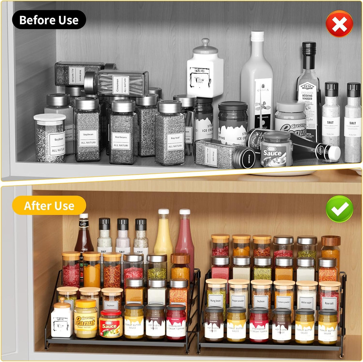 RCHYFEED Spice Rack Organizer for Cabinet Pantry,4 Tier Spice Rack Countertop, Depth Adjustable Spice Organization for Cabinet,Tierd Seasoning Organizer for Cabinet(Black) | for Cabinet Pantry