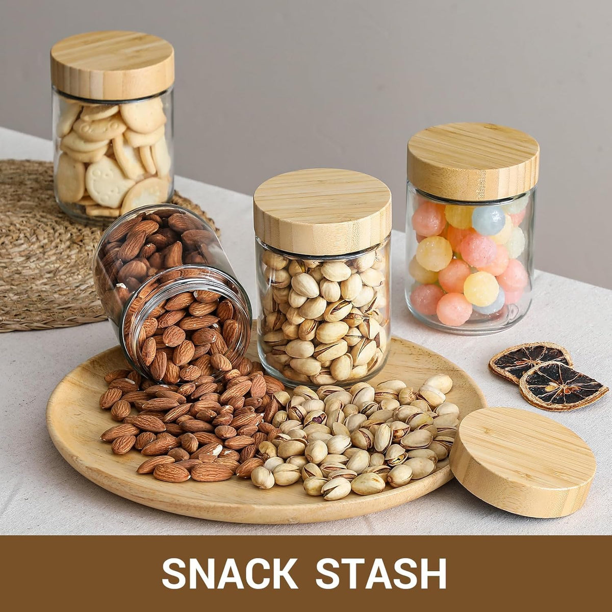 NETANY 4-pack 16oz Glass jars with Airtight Lids, Overnight Oats Containers with Bamboo Lids, Wide mouth Mason Salad jars, Glass Food Storage Containers for Snacks Yogurt Spice Sugar