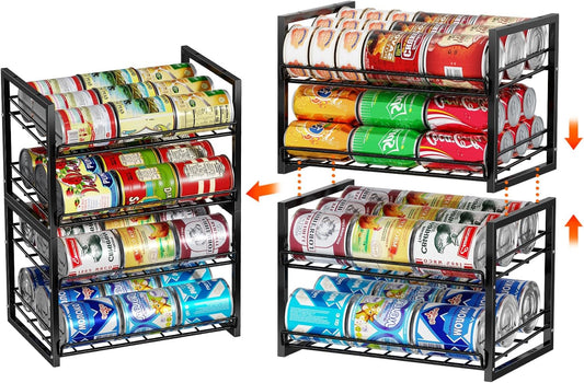 2-Tier Stackable Can Organizer 2 Pack, Pantry Can Dispenser Holds Up to 48 Cans, Metal Wire Basket of Canned Food Soda Drinks, Black