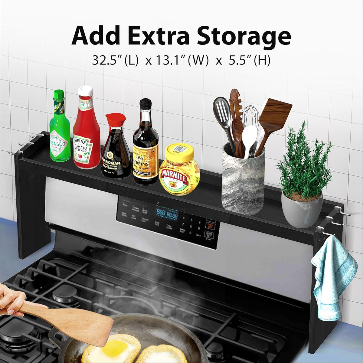IIIOIIIA Bamboo Over the Stove Spice Shelf for Kitchen, 31.5" Spice Rack Organizer Shelf with 6 hooks, 11.4" Height Extra Storage Countertop, Easy to Assemble
