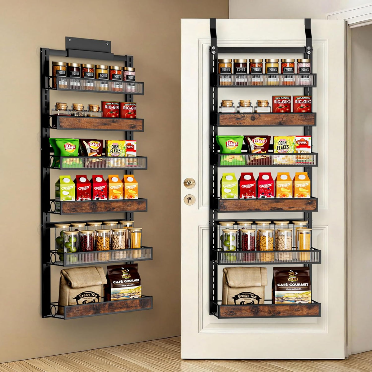 8 Tier Pantry Door Organizer Spice Rack, 2-IN-1 Wall Mount or Hanging Over Door Seasoning Organizer with Adjustable Baskets, Heavy Duty Behind Door Storage Shelves for Pantry, Cabinet and Kitchen