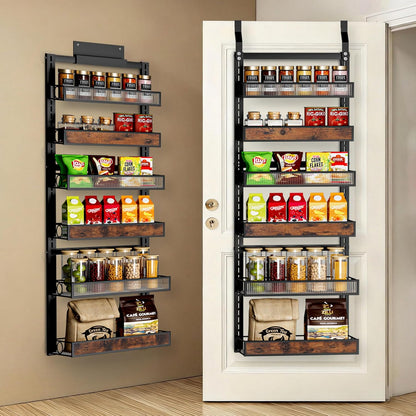 8 Tier Pantry Door Organizer Spice Rack, 2-IN-1 Wall Mount or Hanging Over Door Seasoning Organizer with Adjustable Baskets, Heavy Duty Behind Door Storage Shelves for Pantry, Cabinet and Kitchen