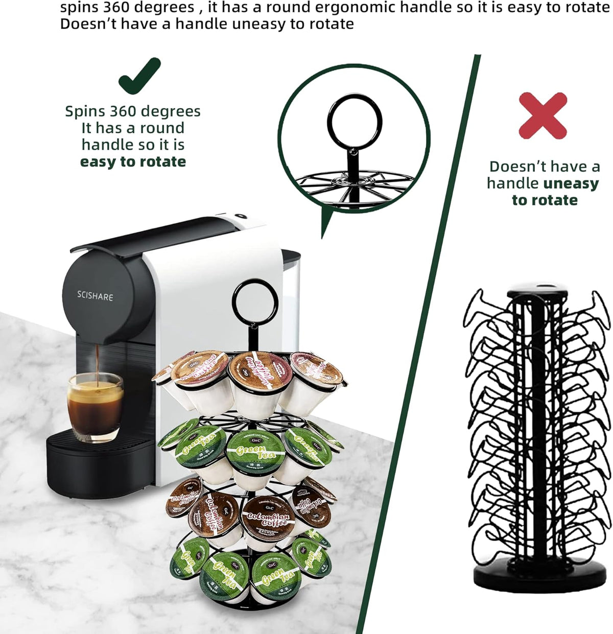 ROWISE K-Cup Pod Carousel Holder and Organizer for 36 Pods - Spins 360 Degrees, Detachable, Modern Metal Design in Black for Home and Office Counters