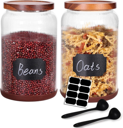 SAIOOL 2-Pack Striped Borosilicate Glass Airtight Canisters - Big mouth Large Capacity, Acacia Wood Lid, Food Storage Jars for Flour, Pasta, Pantry Organization (1/2 Gallon （Yellow Press lid 2 pack）)