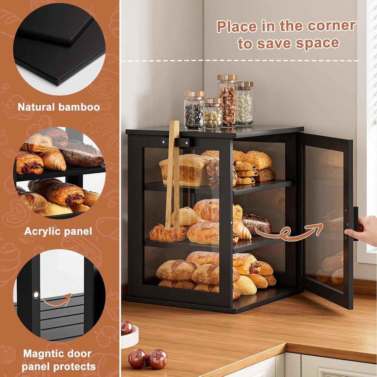 WOWLIVE Black Bread Box for Kitchen Countertop, Large 3 Layers Bread Storage Container for Homemade Bread with Window, Farmhouse Breadbox Organizer for Kitchen, Cabinet, Pantry (Black, Meduim)