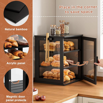 WOWLIVE Black Bread Box for Kitchen Countertop, Large 3 Layers Bread Storage Container for Homemade Bread with Window, Farmhouse Breadbox Organizer for Kitchen, Cabinet, Pantry (Black, Meduim)