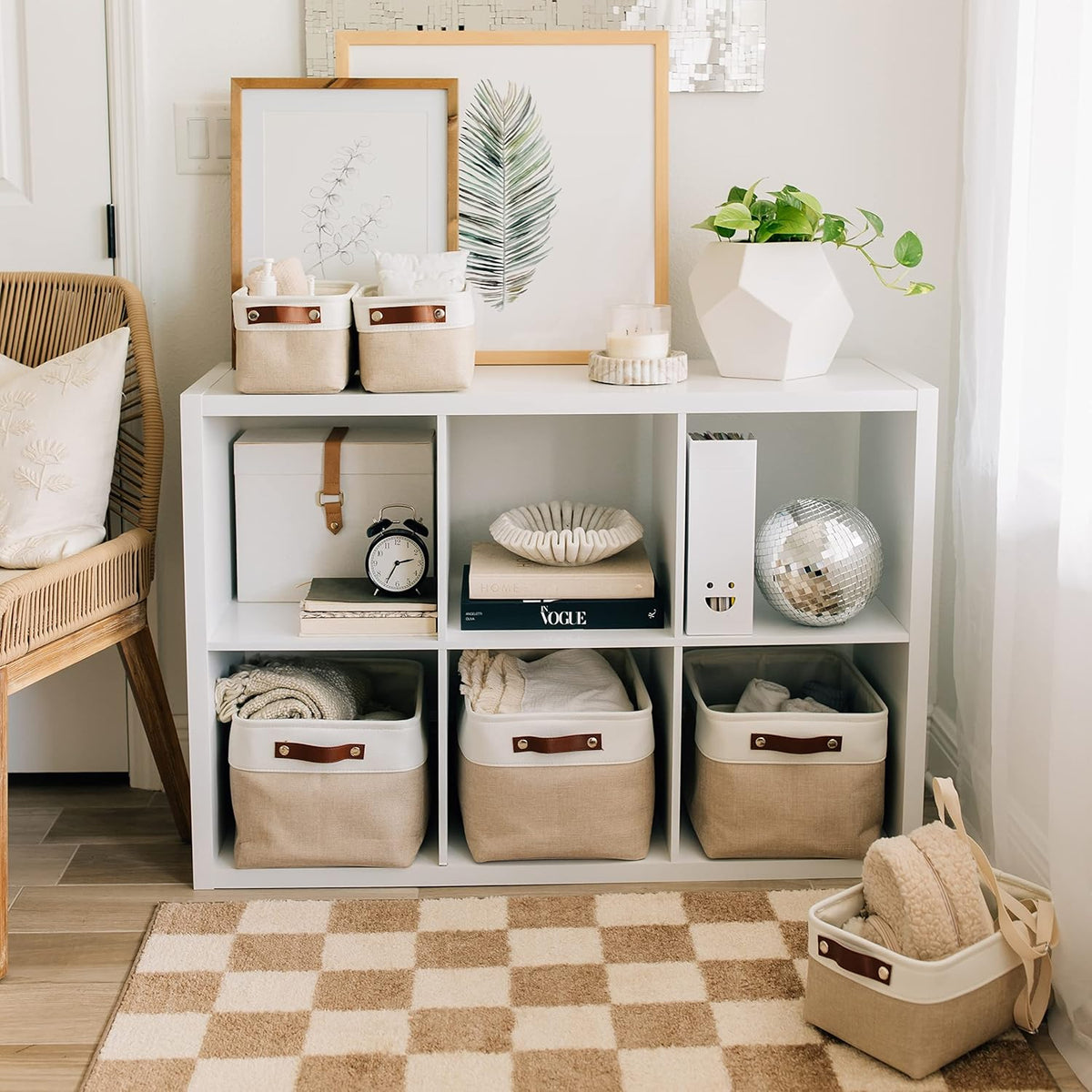 OrganiHaus 12x8in Canvas Storage Baskets 3 Pack | SMALL Fabric Bins for Shelves | Pantry & Bathroom Organizer | Beige/Off-White