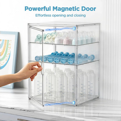 HBlife Baby Bottle Storage Organizer for Countertop Cabinet, 3 Tiers Adjustable Clear Acrylic Bottles Storage Station Case Box Container with 2 Removable Dividers and Magnetic Door, Large
