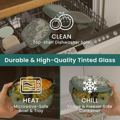 Bentgo Glass Prints Salad Container - 7.6-Cup Tinted Glass Salad Bowl with Airtight Lid, Leak-Proof Sauce Container, 4-Compartment Bento Meal Prep Tray & Reusable Fork (Floral Maximalist - Sea)