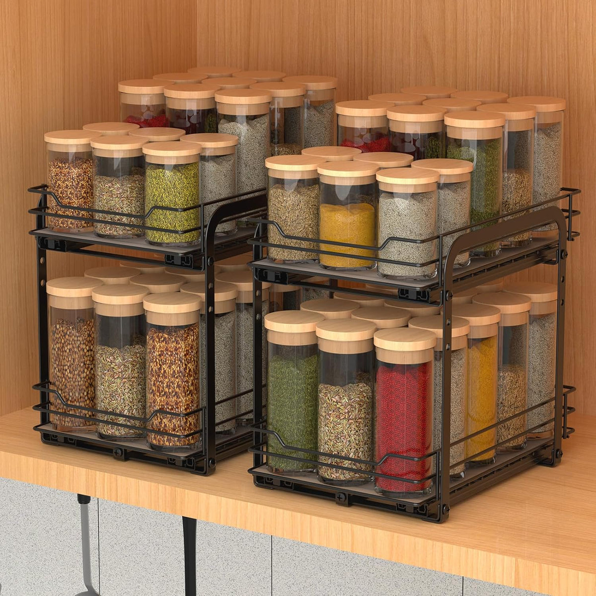 BOIVSHI 2-Tier Spice Rack, Pull Out Cabinet Organizer Spice Racks Height Adjustable Heavy Duty Metal Basket for Inside Cabinets & Pantry Closet(9.5''Wx10.5''Dx9.5''H)