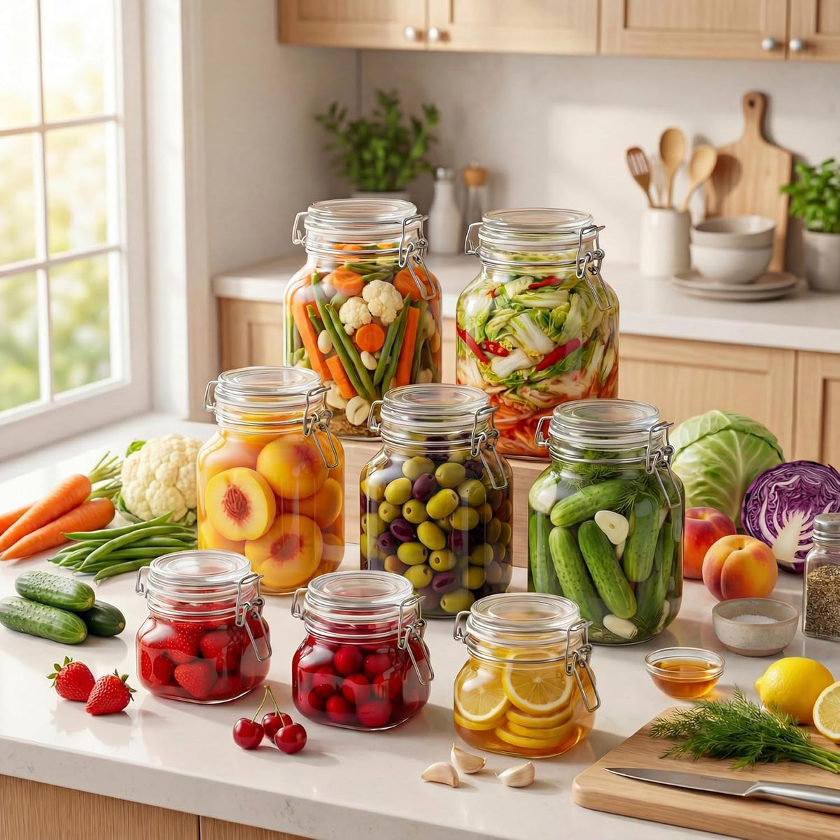 78oz - 3 Pack Square Glass Jars with Airtight Lid, Wide Mouth Mason Jars with Clamp Lids, Air Tight Glass Canisters, Best Food Storage Containers for Flour, Sugar, Cereal, Pasta, Rice, Coffee, Spice