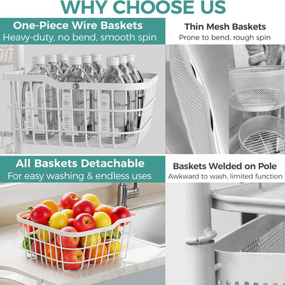 5 Tier Kitchen Fruit Vegetable Storage Cart with One-Piece Rotating Basket, Pantry Organizer Shelf Rack Floor Stand for Veggie Onion Potato Produce Spice, Rolling Snack Cart on Wheels, Black