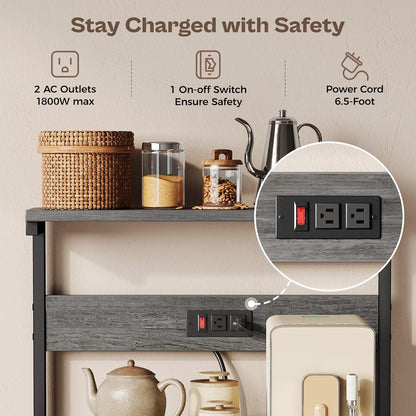 SUPERJARE Kitchen Bakers Rack with Power Outlet, Coffee Bar Table 4 Tiers, Kitchen Microwave Stand with 6 S-shaped Hooks, Storage Shelf Rack for Spices, Pots and Pans - Rustic Brown