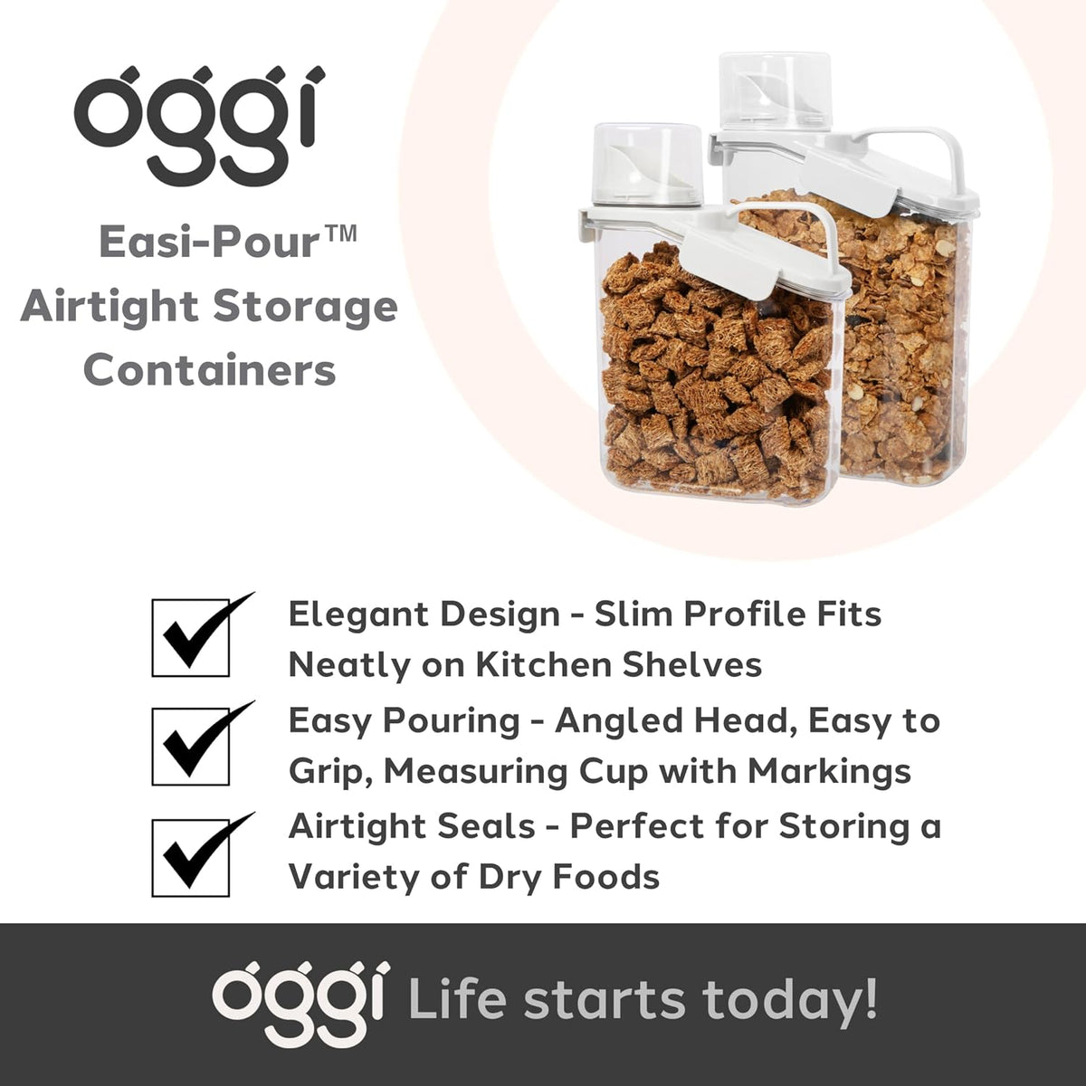 Oggi Easi Pour Airtight Food Storage Containers - Cereal Containers Storage, Rice Dispenser, Cereal Dispenser, Snack Storage Containers, Pasta Containers Storage, Containers with Lids - 60oz / 1.8lt