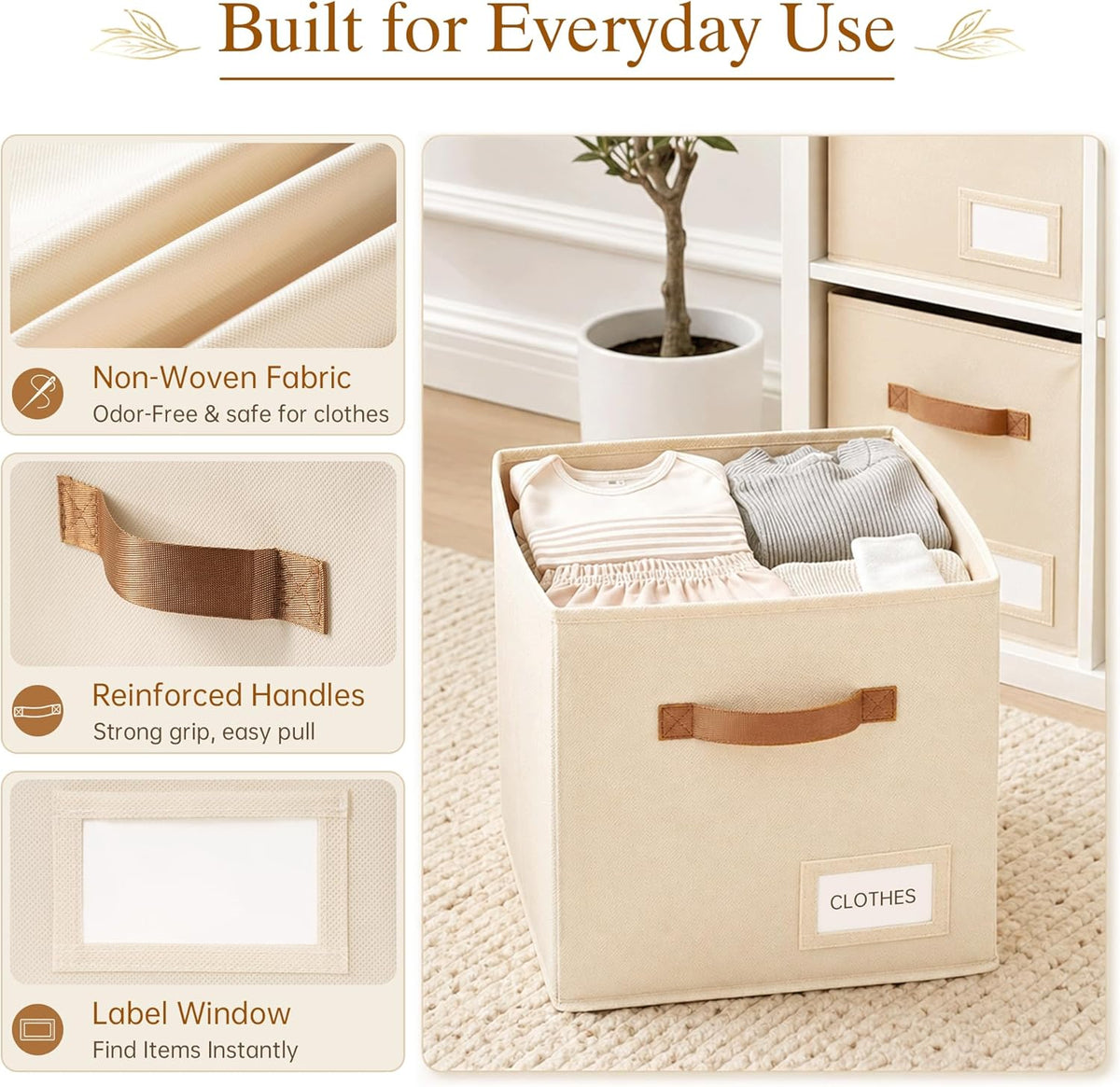 Storage Cubes, 11 Inch Fabric Storage Cubes Organizer Bins with Labels, Odor-Free & Sturdy PP Structure, Cubby Baskets for Closet, Shelves, Toys & Nursery (Beige)