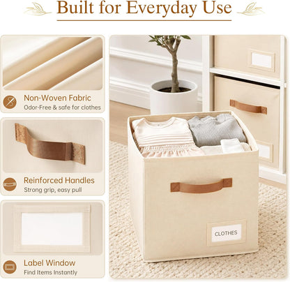 Storage Cubes, 11 Inch Fabric Storage Cubes Organizer Bins with Labels, Odor-Free & Sturdy PP Structure, Cubby Baskets for Closet, Shelves, Toys & Nursery (Beige)