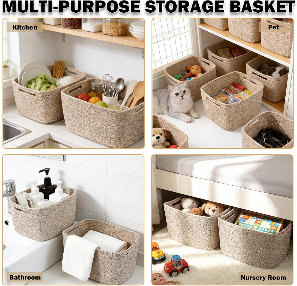 3 Pack Woven Rope Storage Baskets for Shelves,13.5"×11"×9.5" Storage Bins with Handles,Empty Gift Baskets,Nursery Organizer for Toys,Towels,Books,Closet,Living Room,Bedroom (White & Brown)