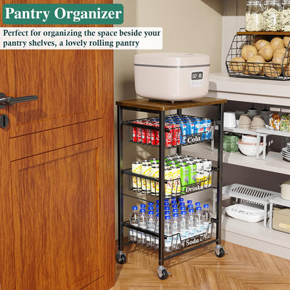 OKZEST 4-Tier Kitchen Storage Cart on Wheels – Mobile Fruit Basket Stand with Drawers & Wooden Top, Small Rolling Pantry Shelf for Potatoes, Onions, Bottled Drinks, Cans, Snacks – Includes 3 PE Liners