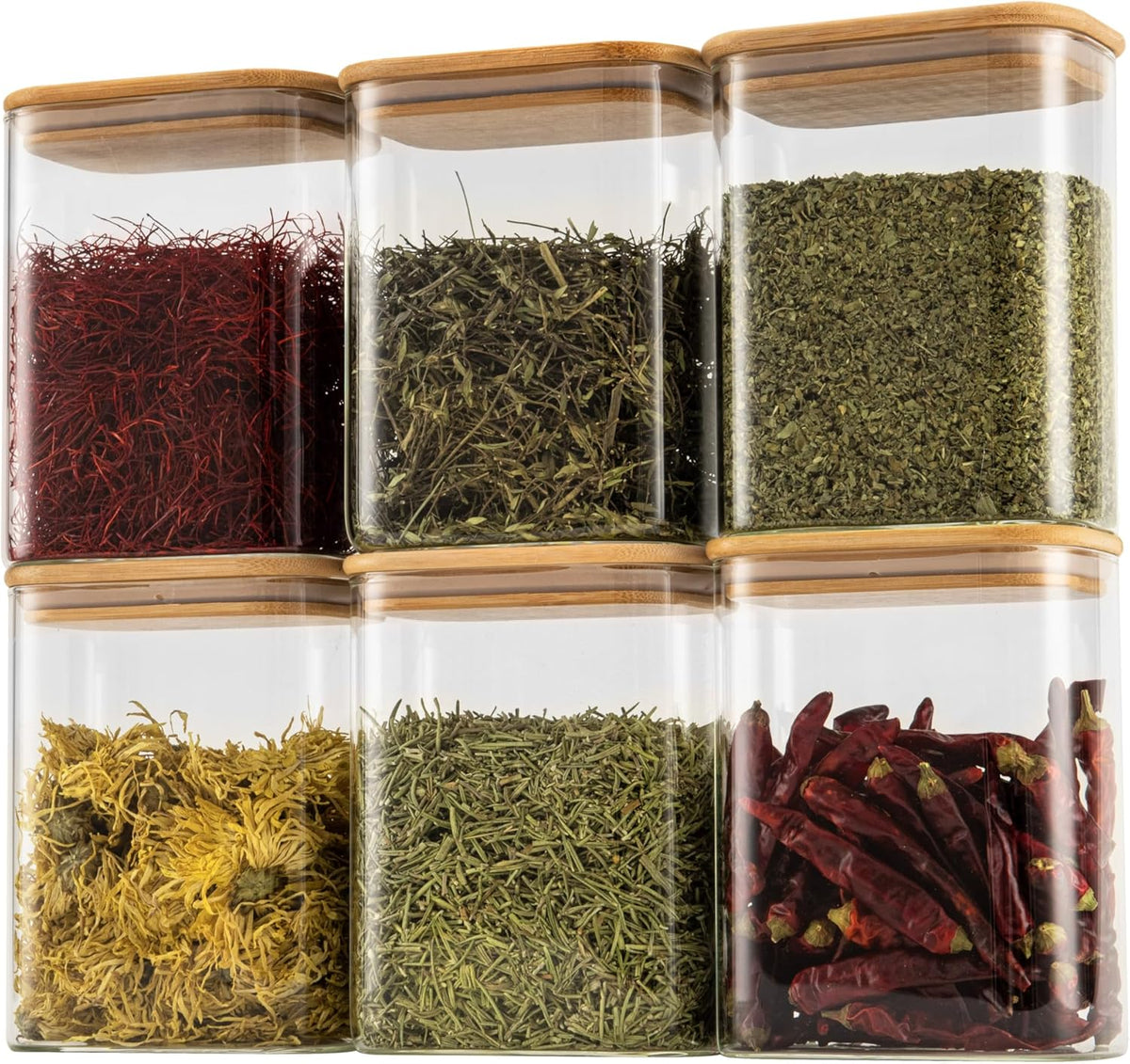 D2scrma 37oz Rectangle Airtight Glass Storage Containers with Bamboo Lids (Set of 6), Square Food Storage Jar, Pantry Organizers for Cereal, Nuts, Snacks and Coffee beans (‎with Black Lable)