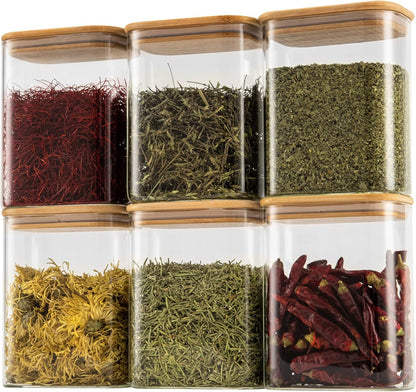 D2scrma 37oz Rectangle Airtight Glass Storage Containers with Bamboo Lids (Set of 6), Square Food Storage Jar, Pantry Organizers for Cereal, Nuts, Snacks and Coffee beans (‎with Black Lable)