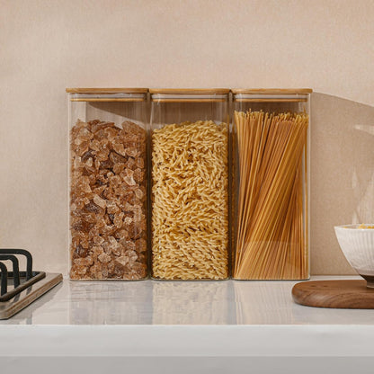 D2scrma 37oz Rectangle Airtight Glass Storage Containers with Bamboo Lids (Set of 6), Square Food Storage Jar, Pantry Organizers for Cereal, Nuts, Snacks and Coffee beans (‎with Black Lable)