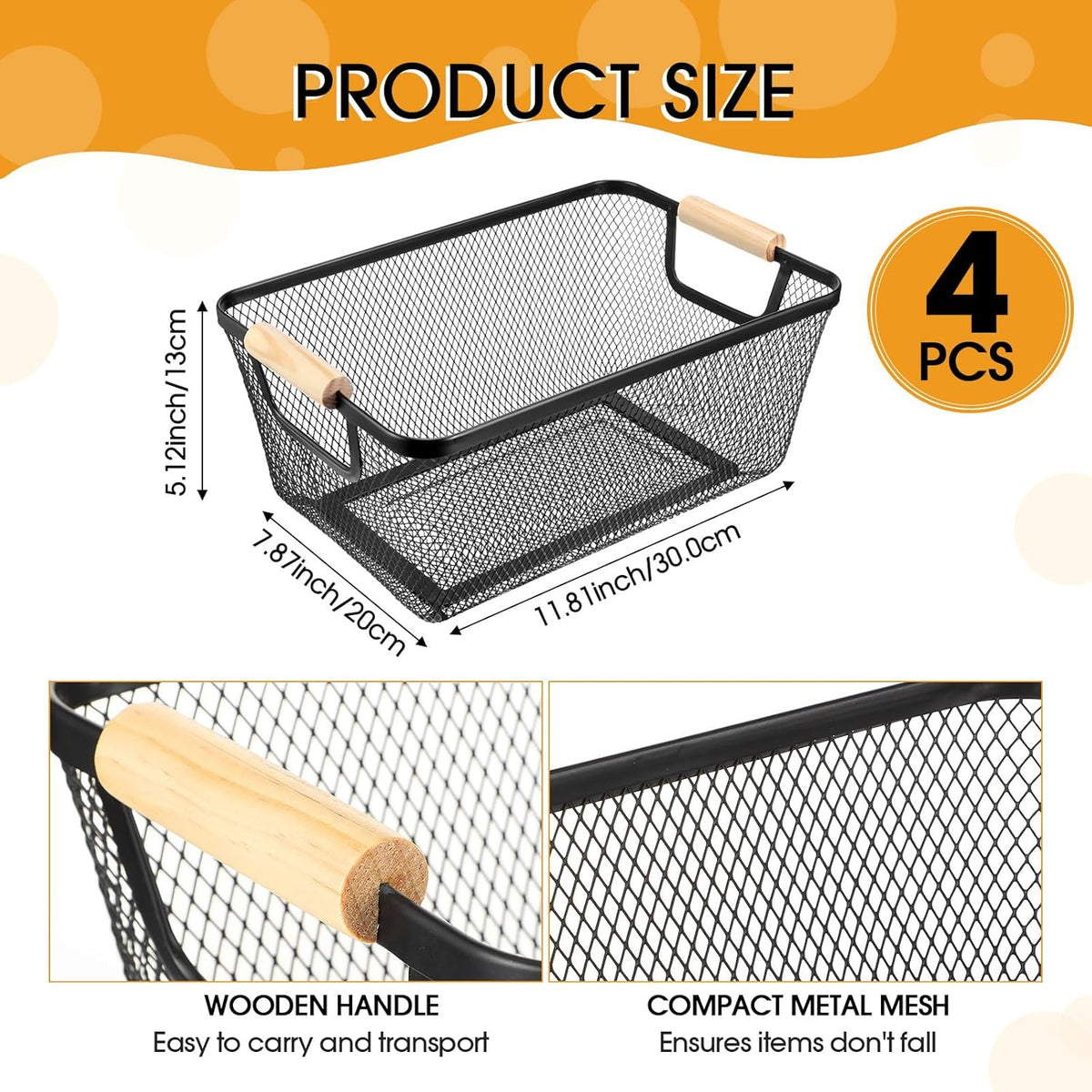 Ziliny 4 Pcs Metal Mesh Wire Baskets with Wooden Handles for Organizing, Pantry Organizers and Storage Steel Bin Kitchen Baskets for Fruit Potato Onion Snacks Bathroom Cabinet(Small,Black)