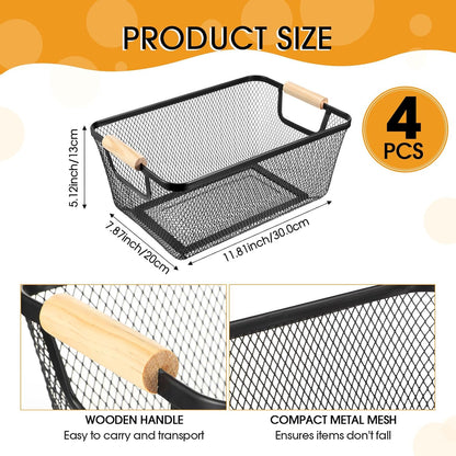 Ziliny 4 Pcs Metal Mesh Wire Baskets with Wooden Handles for Organizing, Pantry Organizers and Storage Steel Bin Kitchen Baskets for Fruit Potato Onion Snacks Bathroom Cabinet(Small,Black)