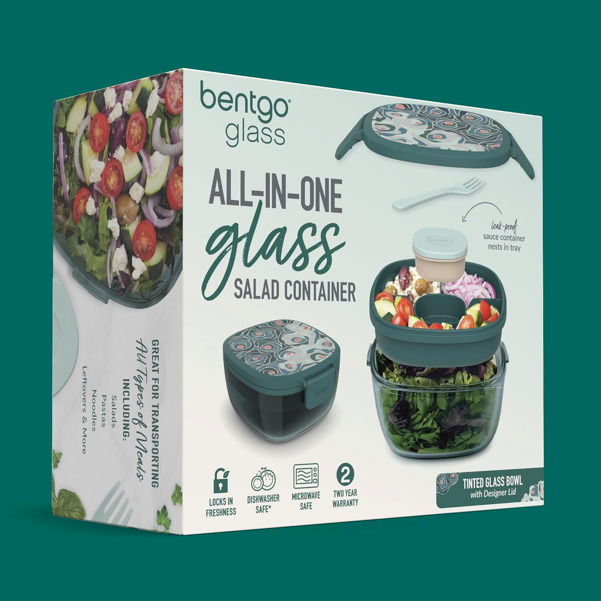 Bentgo Glass Prints Salad Container - 7.6-Cup Tinted Glass Salad Bowl with Airtight Lid, Leak-Proof Sauce Container, 4-Compartment Bento Meal Prep Tray & Reusable Fork (Floral Maximalist - Sea)