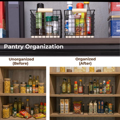 Wire Storage Baskets with Solid Wood Handles, Set of 2 – Metal Organizer Basket with MDF Base for Kitchen Countertop, Bathroom, Pantry, Entryway, Office | 12.8” x 6.25” | Black