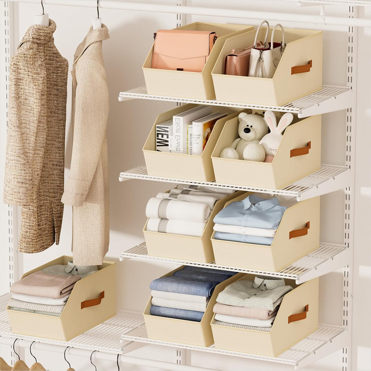 Homsorout Fabric Closet Storage Cubes - Square Storage Bins with Dual Handles for Clothes, Towels, Toys, Cube Storage Organizers for Bedroom, Nursery, Shelves, Closet, Small Spaces, Beige