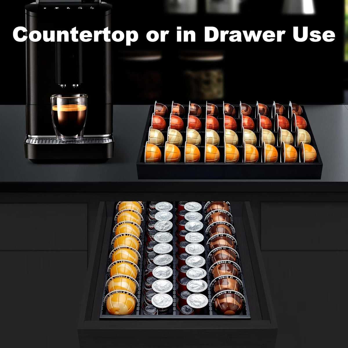 MinBoo Bamboo Coffee Pod Storage Holder Drawer Insert for Counter Compatible Nespresso Vertuo Vertuoline Capsules for Kitchen, Home, Office, Coffee Station