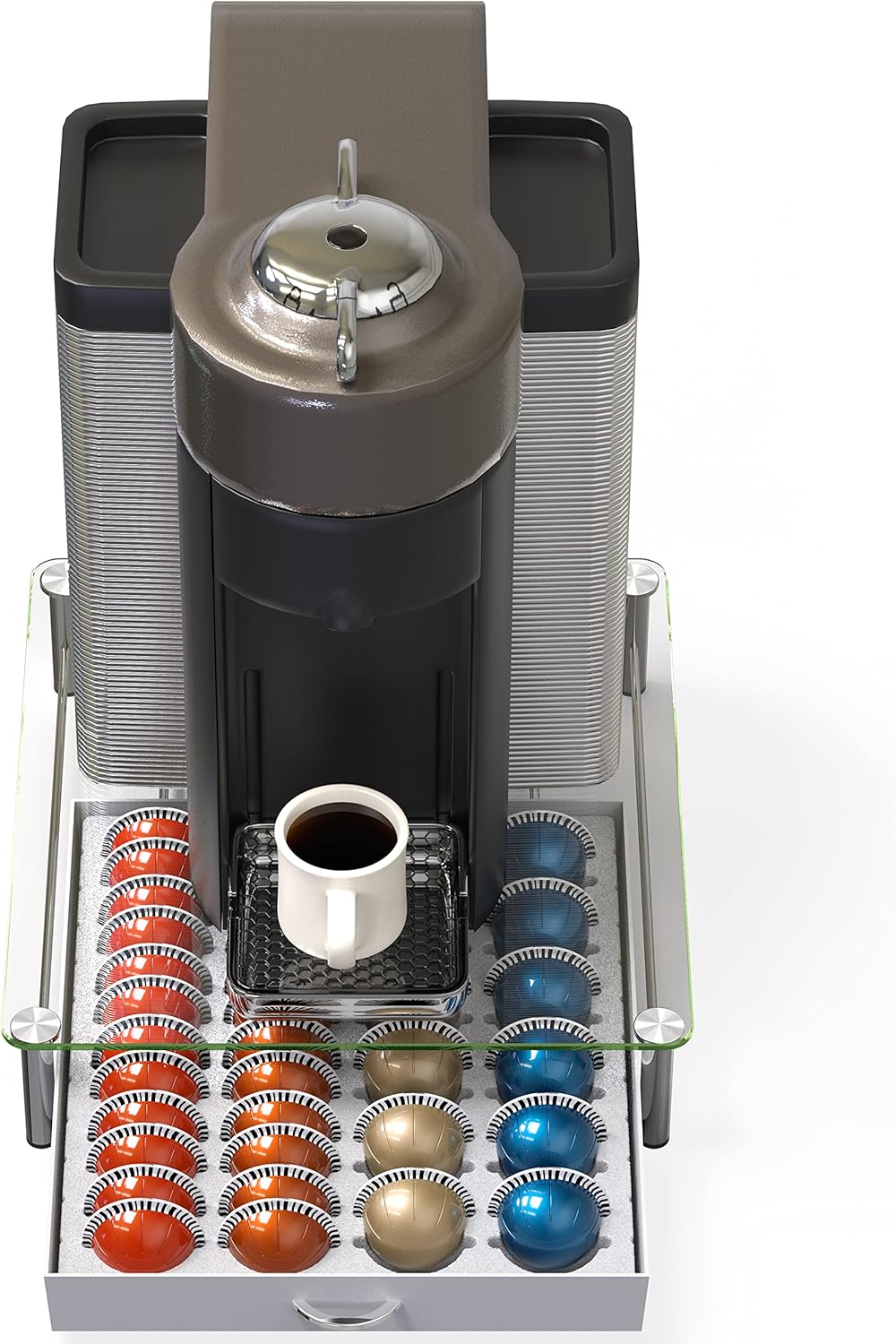 DecoBrothers Crystal Tempered Glass Vertuo Pod Holder Drawer, 24 Large or 48 Small Nespresso Capsule Organizer