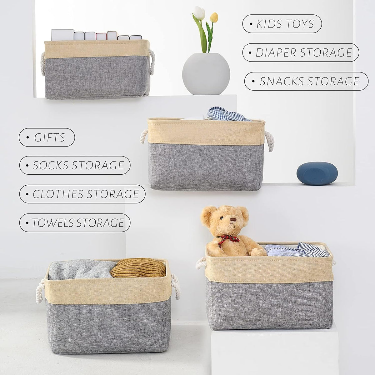 Fabric Storage Bins 12x8x5 inch [6-Pack] with Rope Handles - Decorative Baskets for Organizing